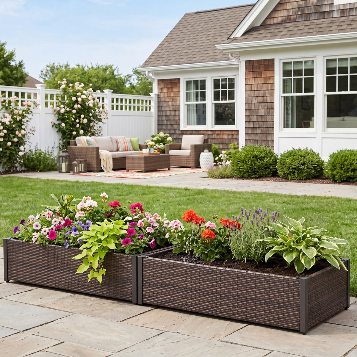 Brown PE rattan elevated raised garden bed with open-ended base, ideal for outdoor garden planting and decoration.