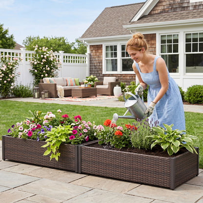 Brown PE rattan elevated raised garden bed with open-ended base, ideal for outdoor garden planting.