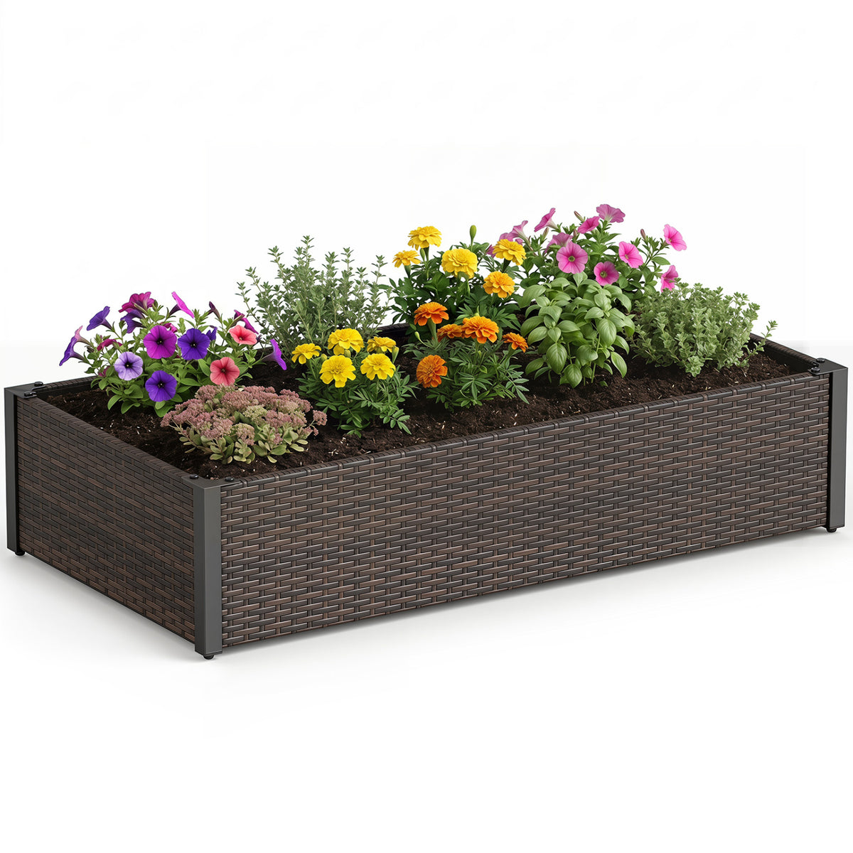 Brown PE rattan elevated garden bed with open-ended base, ideal for outdoor raised garden planting.