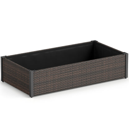 Brown PE rattan elevated garden bed with open-ended base, ideal for outdoor gardening and raised planting beds.