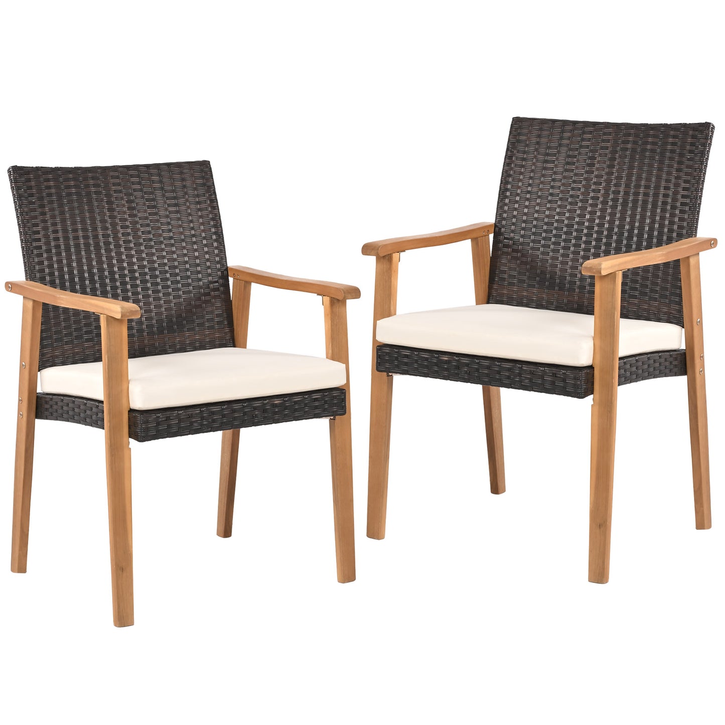 PE Rattan Outdoor Patio Dining Chair Set of 2 with Removable Cushion and Acacia Wood Armrests-White