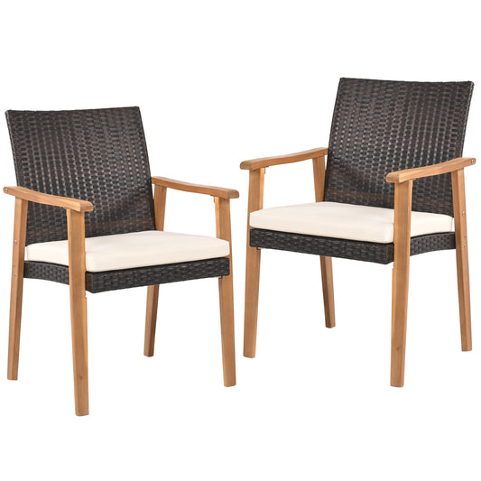 PE Rattan Outdoor Patio Dining Chair Set of 2 with Removable Cushion and Acacia Wood Armrests-White