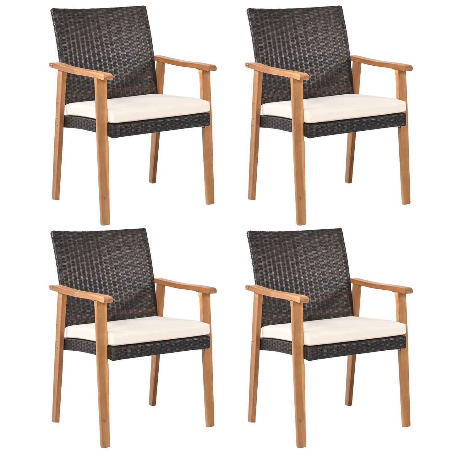 PE Rattan Outdoor Patio Dining Chair Set of 4 with Removable Cushion and Acacia Wood Armrests-White
