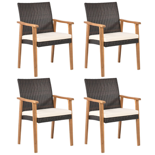 PE Rattan Outdoor Patio Dining Chair Set of 4 with Removable Cushion and Acacia Wood Armrests-White