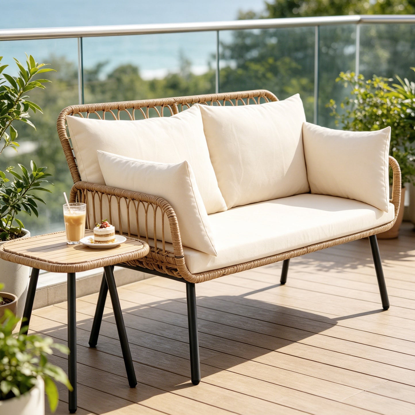 Beige PE rattan patio loveseat with cushions, outdoor 2-seater sofa for outdoor patio and garden seating.