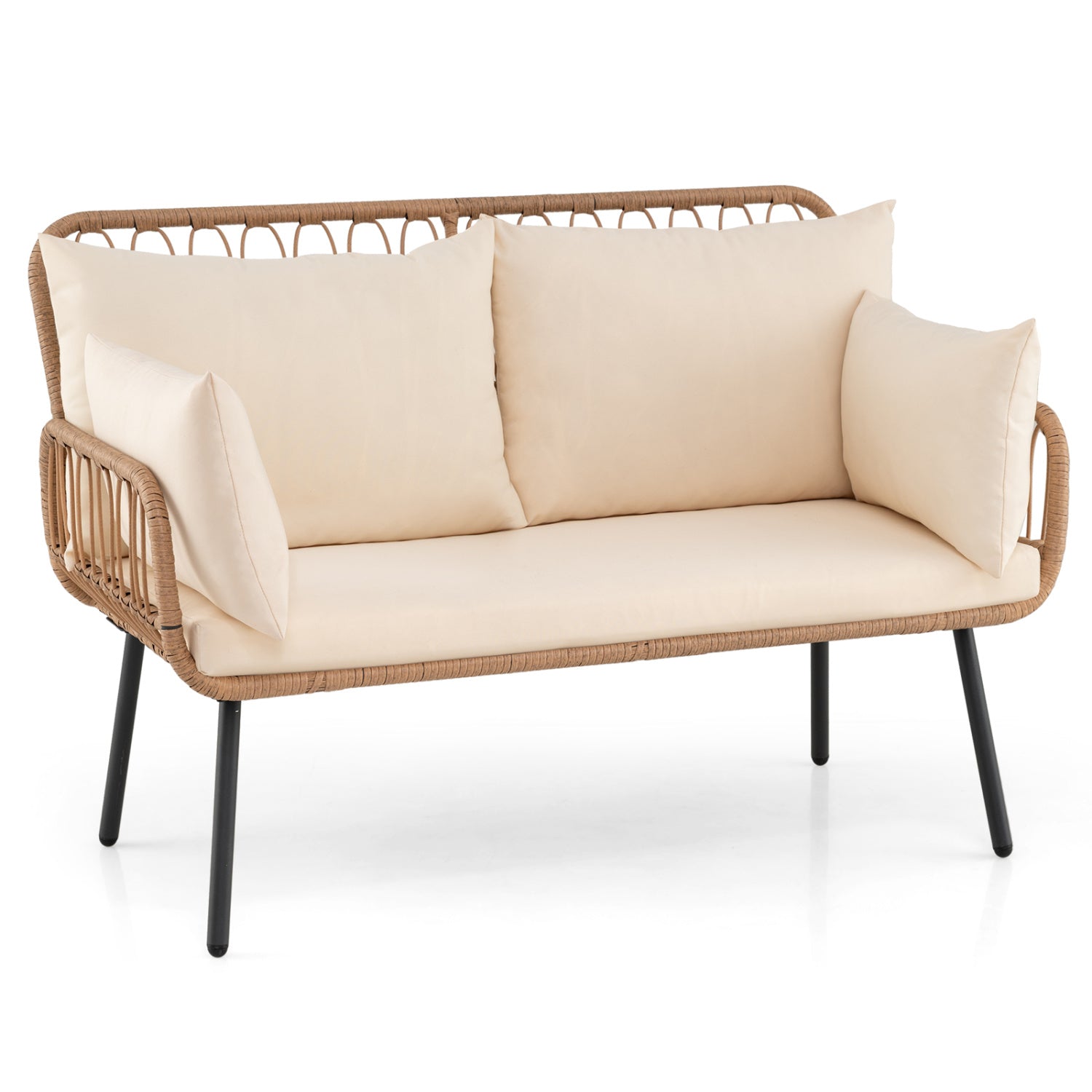 Beige PE rattan outdoor 2-seater patio loveseat with pillows, ideal for outdoor seating and patio furniture setups.