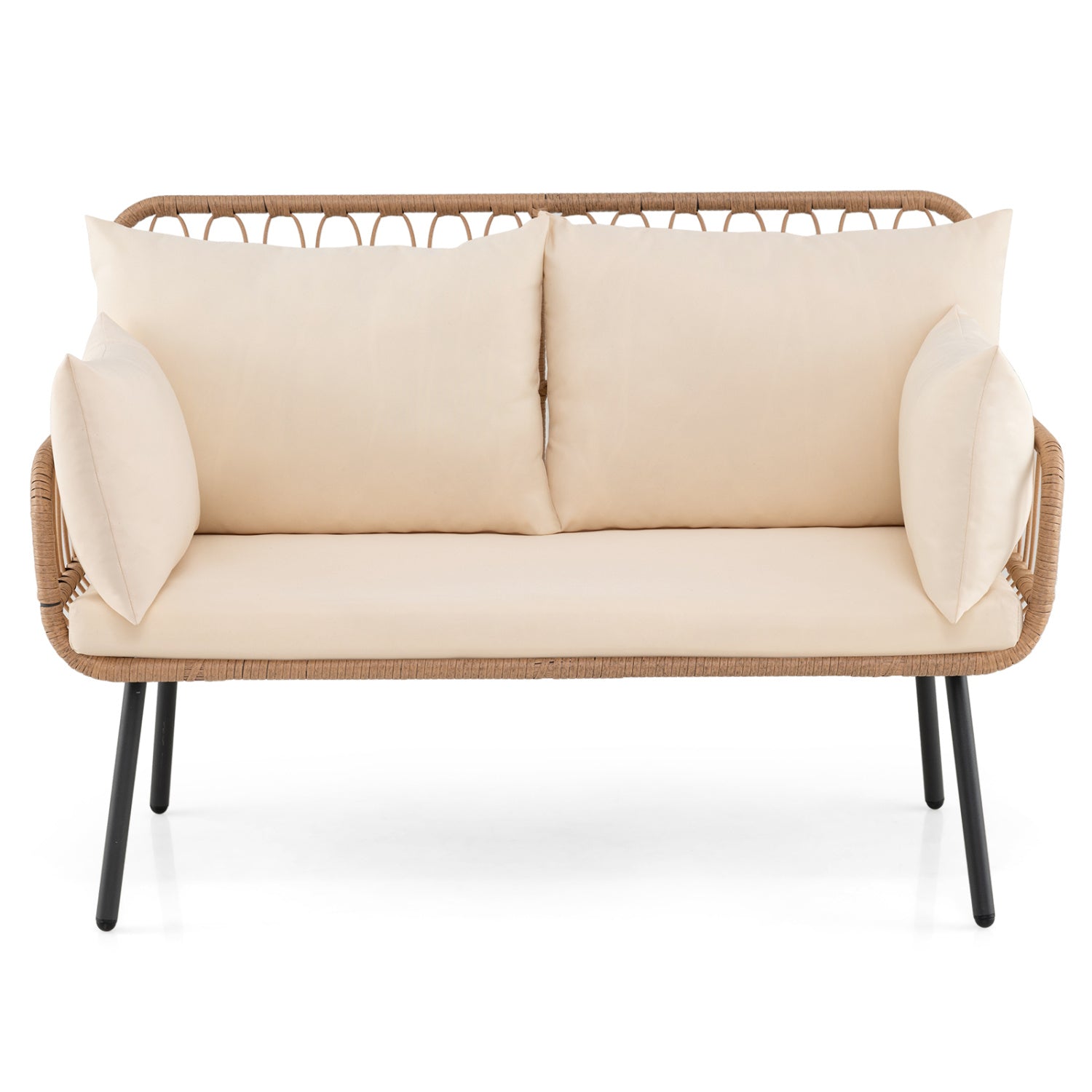 Beige PE rattan patio loveseat with two cushions, outdoor 2-seater sofa for patio or garden relaxation.