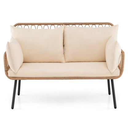 Beige PE rattan patio loveseat with two cushions, outdoor 2-seater sofa for patio or garden relaxation.