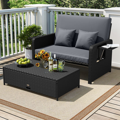 PE Wicker Outdoor Daybed with 4-Level Adjustable Backrest and Storage Ottoman-Gray