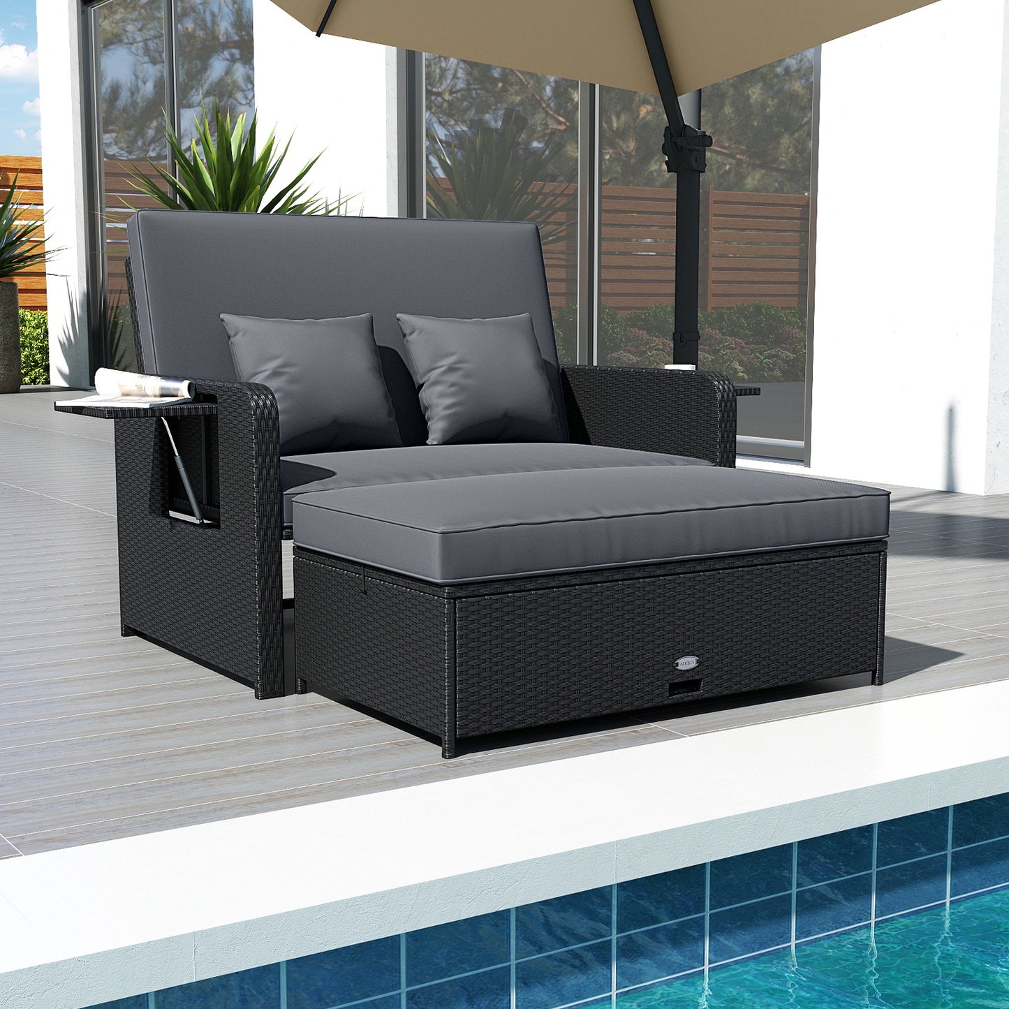 PE Wicker Outdoor Daybed with 4-Level Adjustable Backrest and Storage Ottoman-Gray
