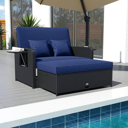PE Wicker Outdoor Daybed with 4-Level Adjustable Backrest and Storage Ottoman-Gray