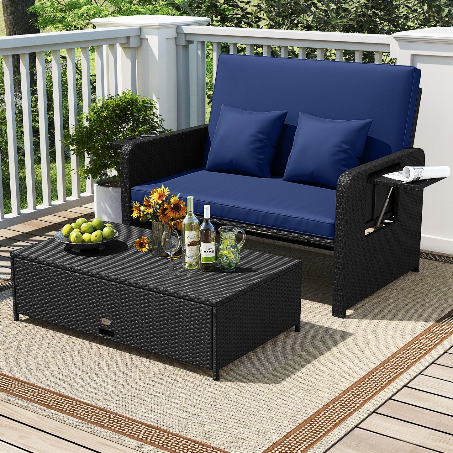PE Wicker Outdoor Daybed with 4-Level Adjustable Backrest and Storage Ottoman-Gray