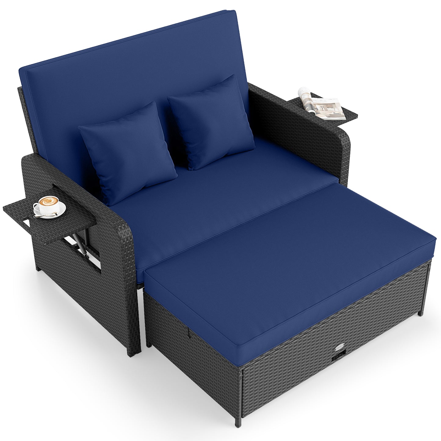 PE Wicker Outdoor Daybed with 4-Level Adjustable Backrest and Storage Ottoman-Gray