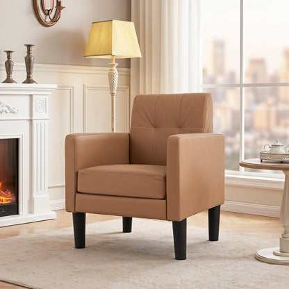 Brown PU leather modern accent chair with removable cushion, stylish living room furniture from Wilsons Home Store.