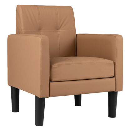 Brown PU leather modern accent chair with removable seat cushion, stylish furniture piece for living room decor.