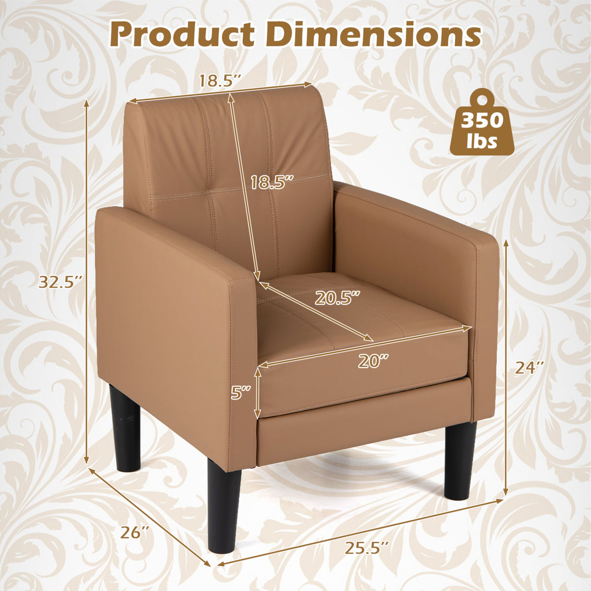 Brown PU leather modern accent chair with removable seat cushion, stylish living room furniture from Wilsons Home Store.