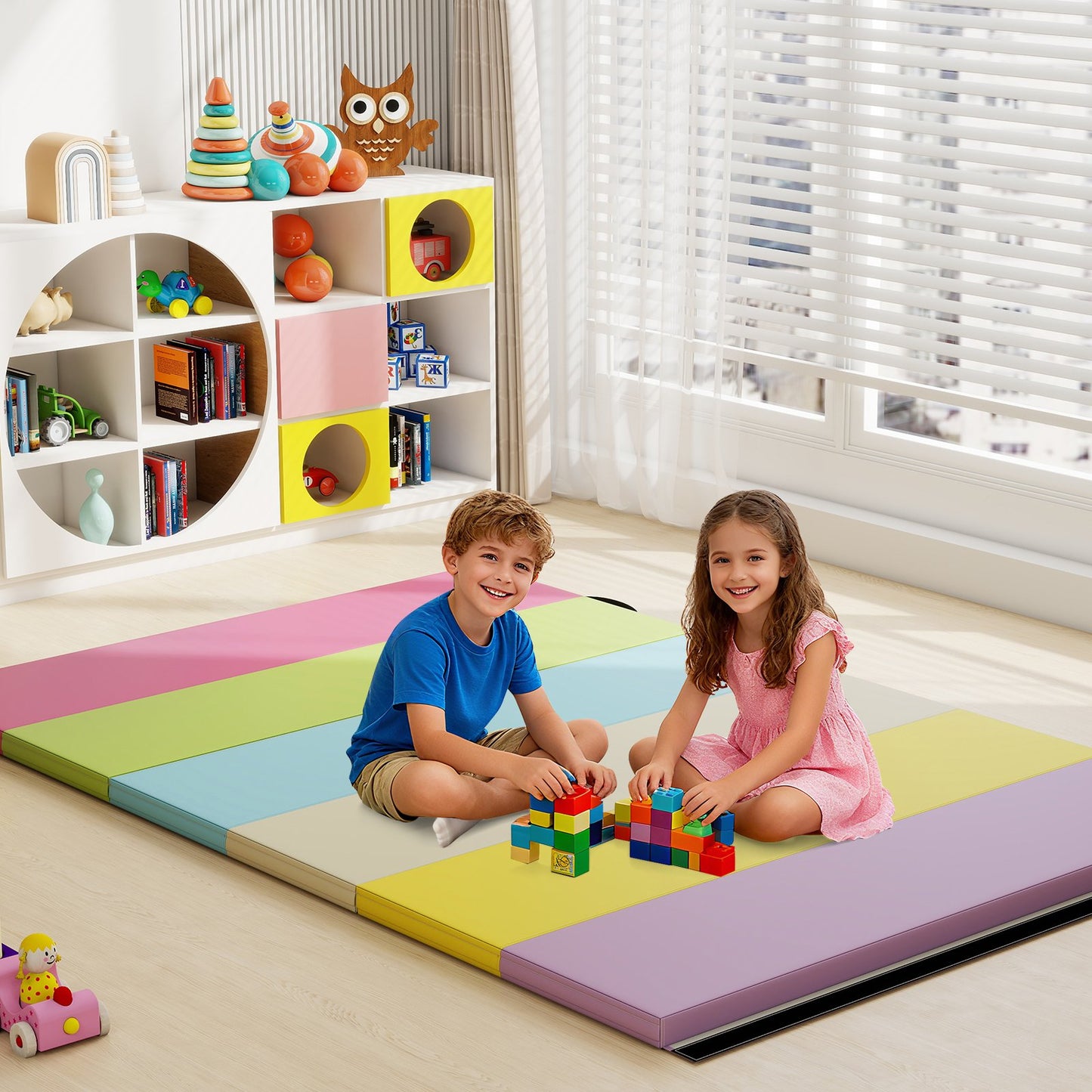 PU Leather Tri-Folding Gymnastics Tumbling Mat with Carrying Handles-Macaron