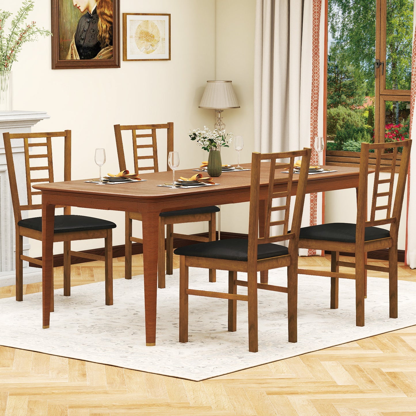 PU Leather Upholstered Wood Dining Chairs Set of 4-Walnut