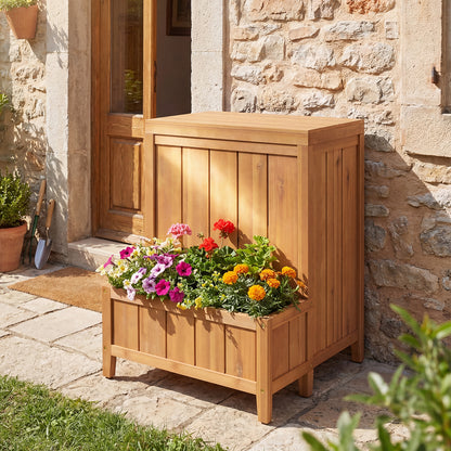 Outdoor package delivery box with built-in planter for pool accessories and garden tools, designed for raised garden bed use.