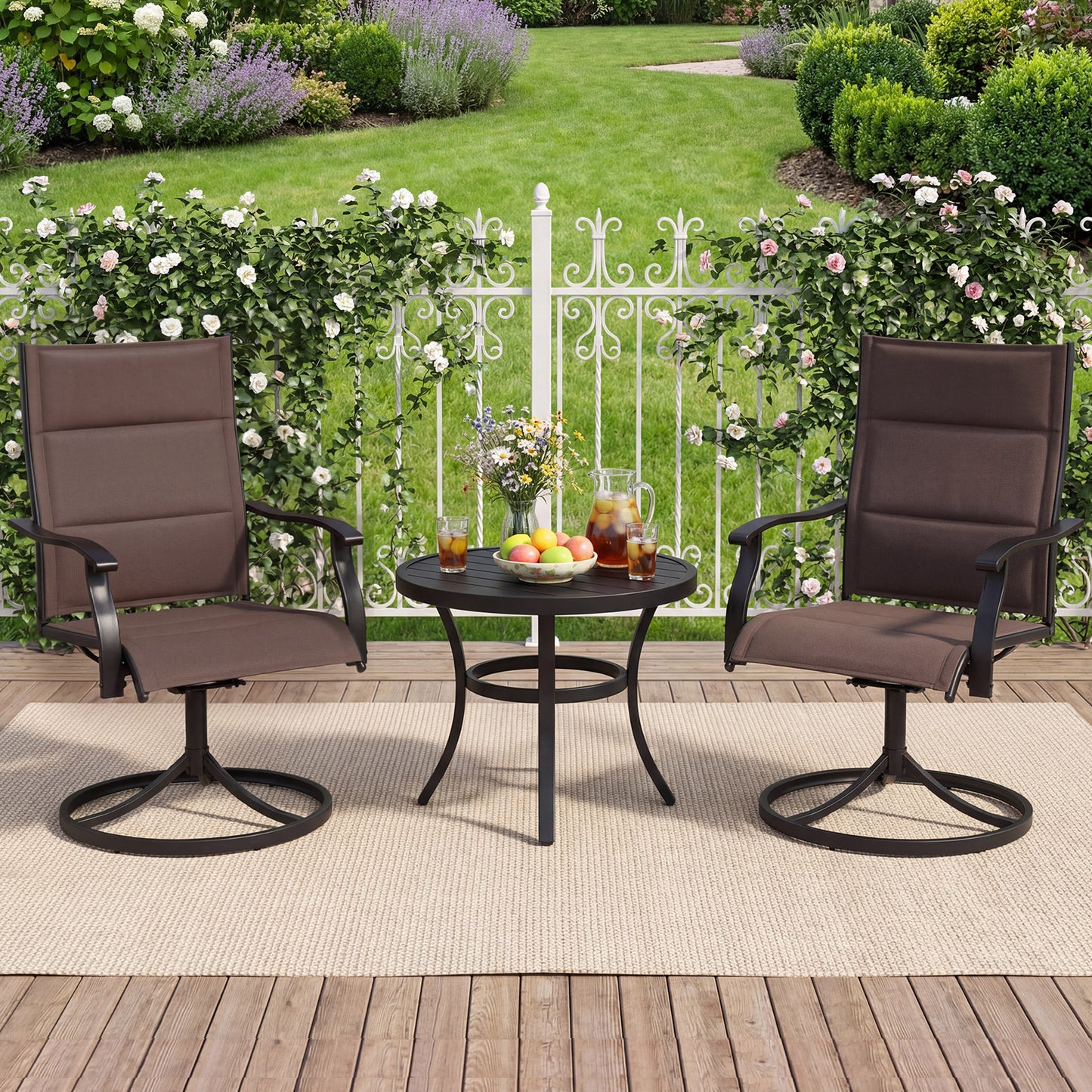 Padded Patio Swivel Chairs Set of 2 Ergonomic Outdoor Dining Chairs with Breathable Fabric-Black