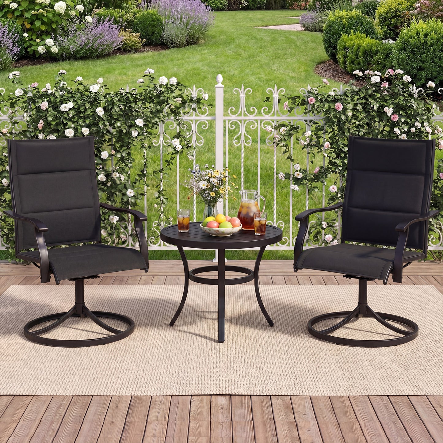 Padded Patio Swivel Chairs Set of 2 Ergonomic Outdoor Dining Chairs with Breathable Fabric-Black