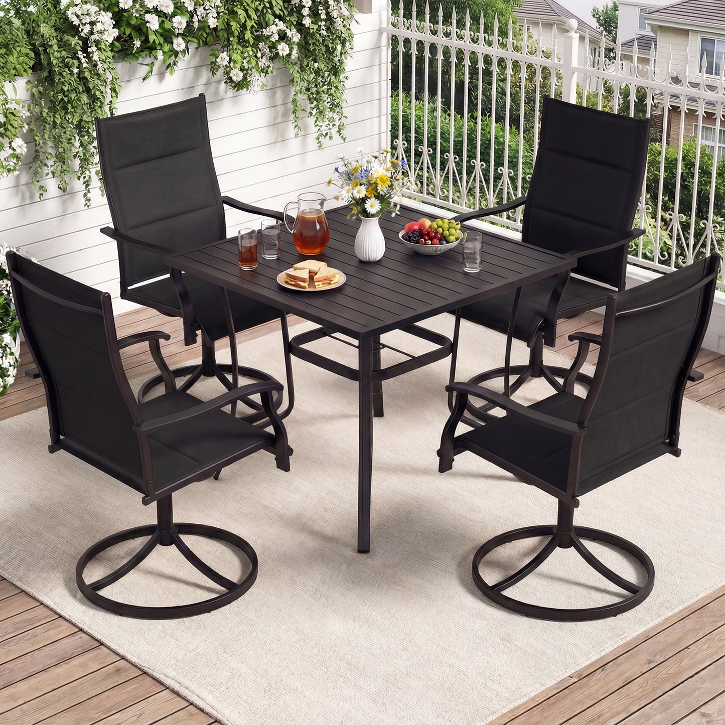 Padded Patio Swivel Chairs Set of 2 Ergonomic Outdoor Dining Chairs with Breathable Fabric-Black