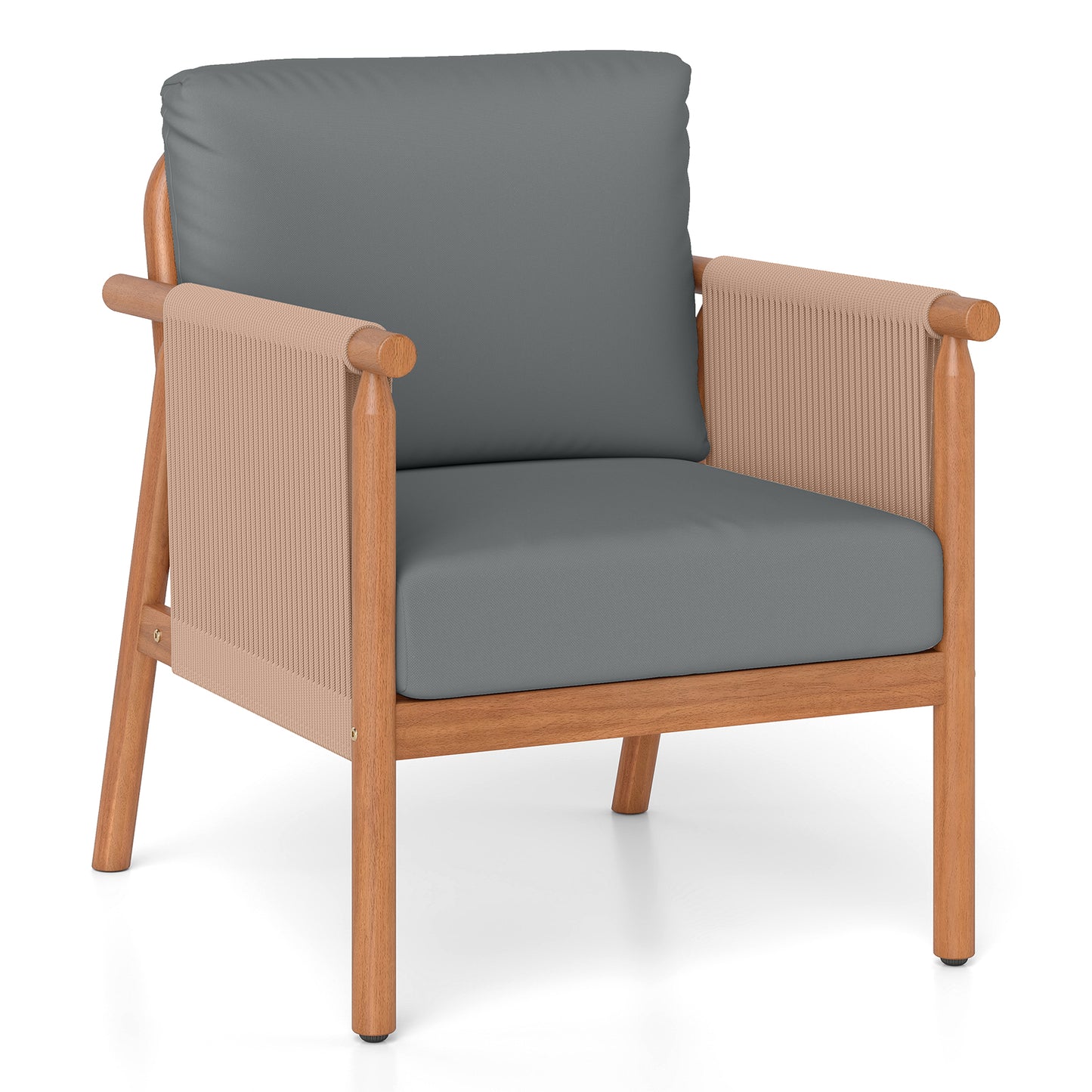 Patio Acacia Wood Chair with Woven Rope Armrests and Seat Back Cushions for Backyard-Gray