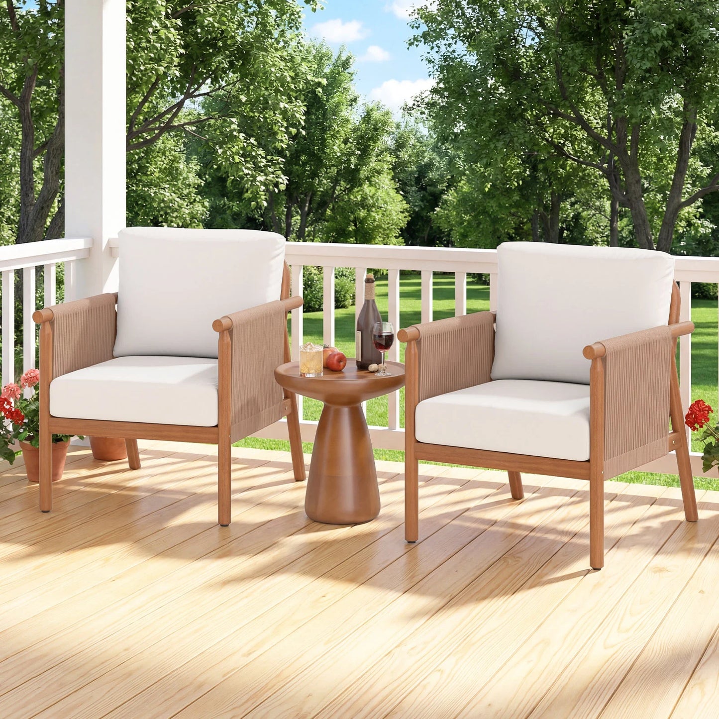 Patio Acacia Wood Chair with Woven Rope Armrests and Seat Back Cushions for Backyard-Gray