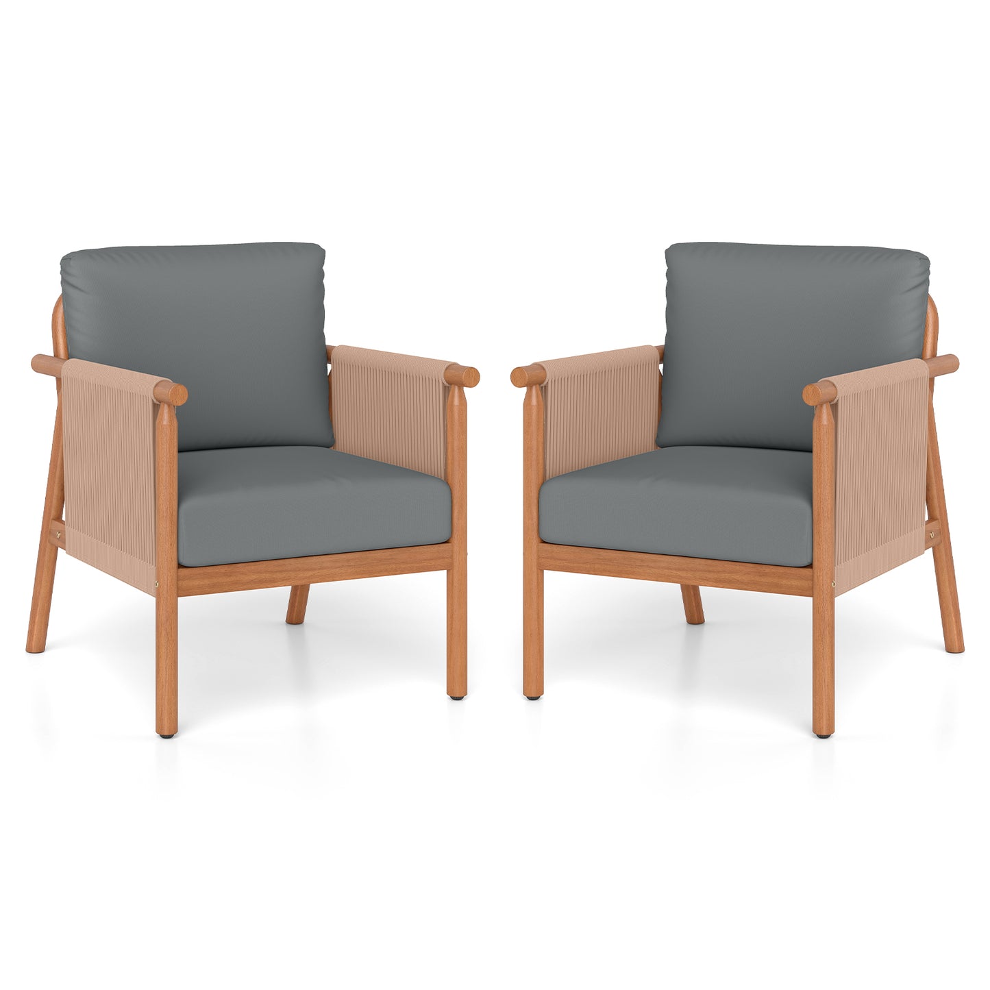 Patio Acacia Wood Chair Set of 2 with Woven Rope Armrests and Seat Back Cushions for Backyard-Gray