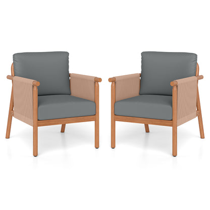 Patio Acacia Wood Chair Set of 2 with Woven Rope Armrests and Seat Back Cushions for Backyard-Gray