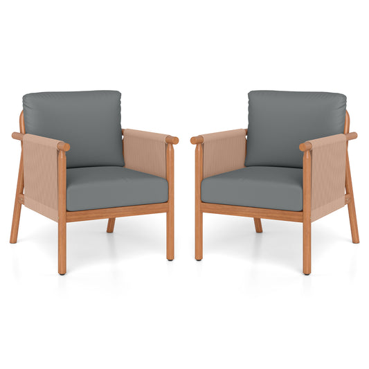 Patio Acacia Wood Chair Set of 2 with Woven Rope Armrests and Seat Back Cushions for Backyard-Gray