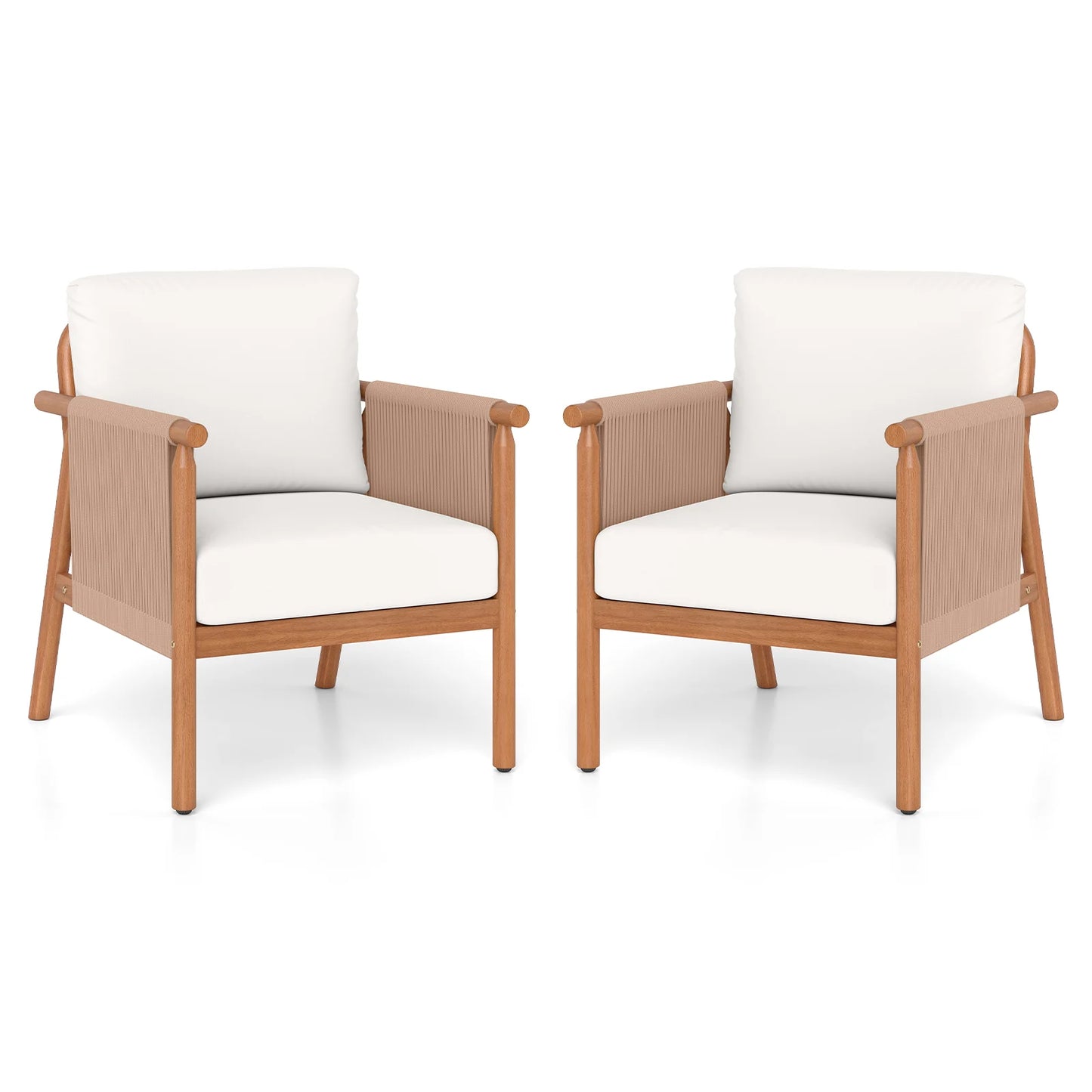 Patio Acacia Wood Chair Set of 2 with Woven Rope Armrests and Seat Back Cushions for Backyard-Gray