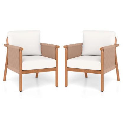 Patio Acacia Wood Chair Set of 2 with Woven Rope Armrests and Seat Back Cushions for Backyard-Gray