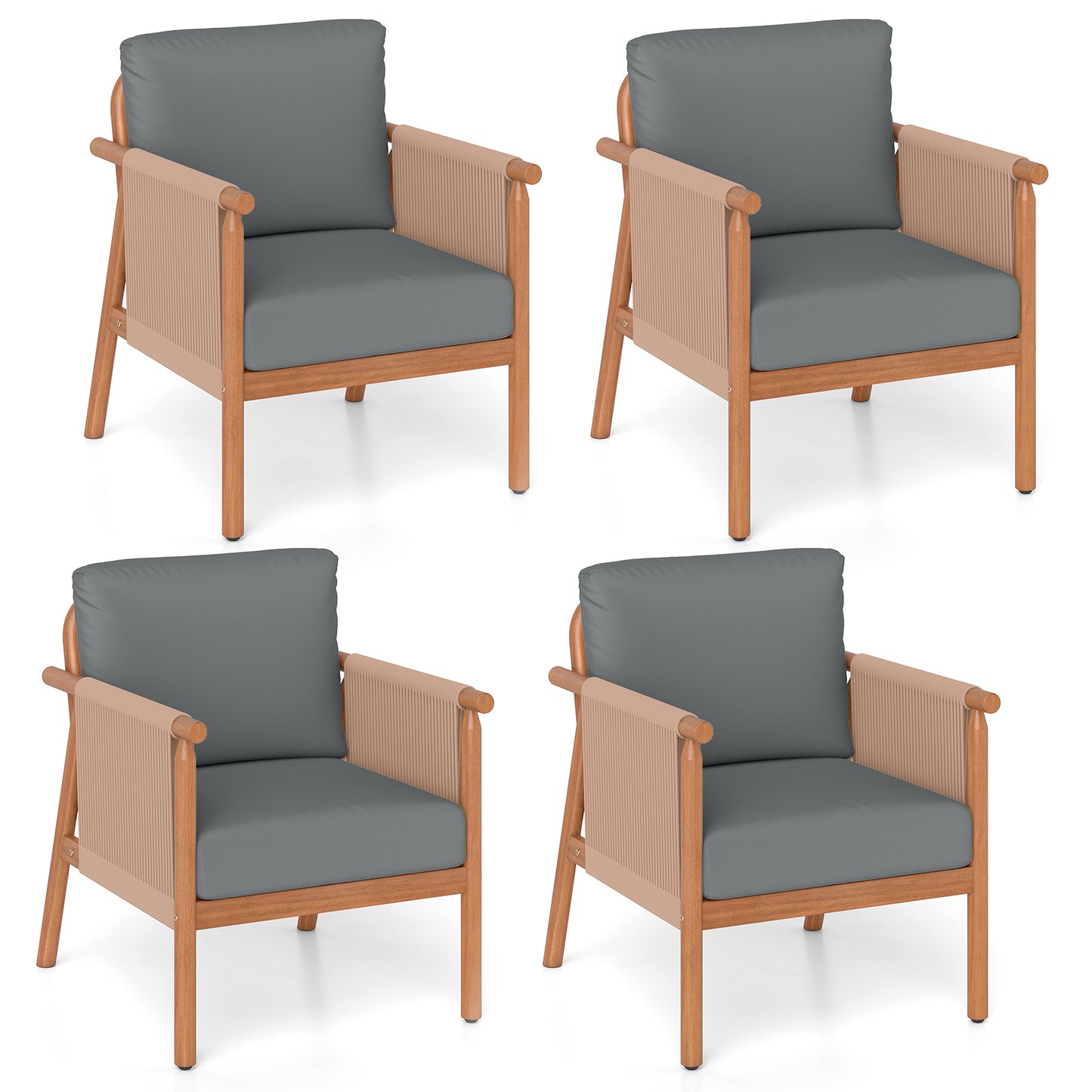 Patio Acacia Wood Chair Set of 4 with Woven Rope Armrests and Seat Back Cushions for Backyard-Gray