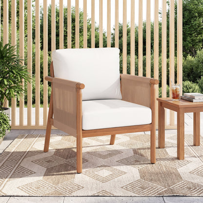 Patio Acacia Wood Chair Set of 4 with Woven Rope Armrests and Seat Back Cushions for Backyard-Gray