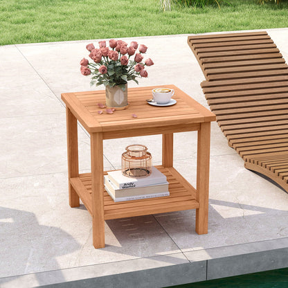 Patio Acacia Wood Side Table Set of 2 with Slatted Tabletop and Storage Shelf