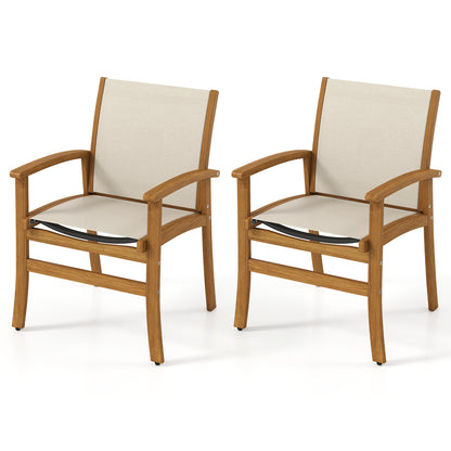 Patio Chairs Set of 2 Acacia Wood Armchairs with Breathable Fabric Back and Seat-Yellow