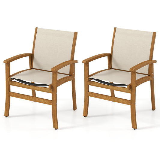 Patio Chairs Set of 2 Acacia Wood Armchairs with Breathable Fabric Back and Seat-Yellow