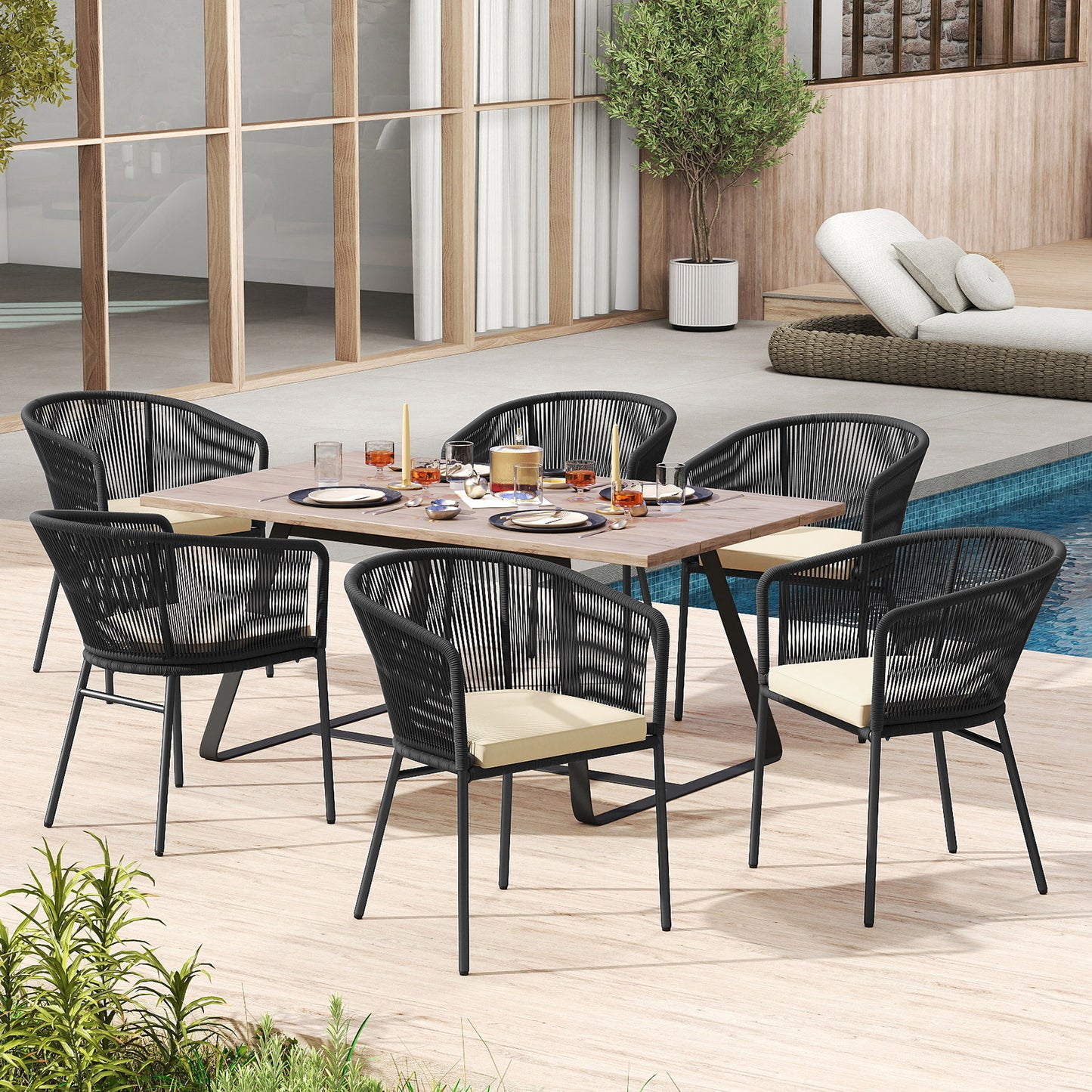 Patio Chairs Set of 4 with Seat Cushion and Curved Backrest for Patio-Black