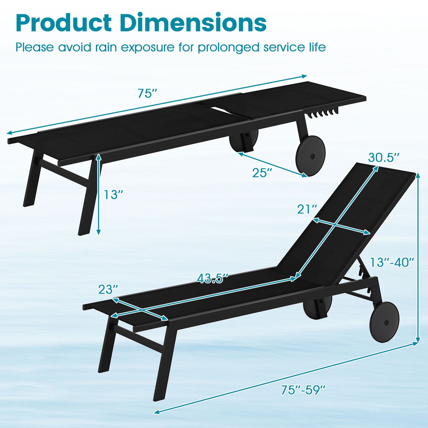 Patio Chaise Lounge Chair with Wheels and 6-Level Adjustable Backrest Set of 1