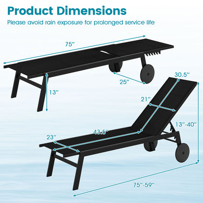 Patio Chaise Lounge Chair with Wheels and 6-Level Adjustable Backrest Set of 1