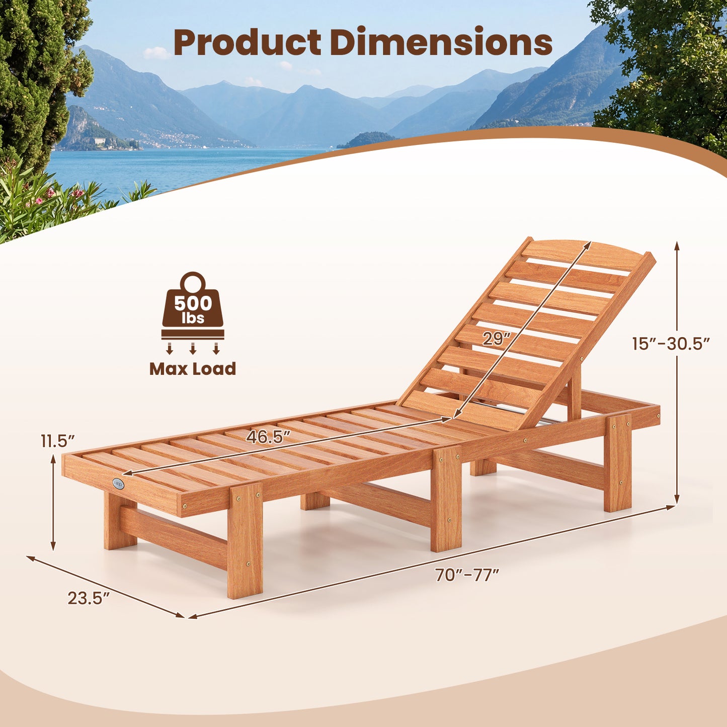 Patio Chaise Lounge Chair Solid Wood Slatted Recliner with Adjustable Backrest-1 Piece