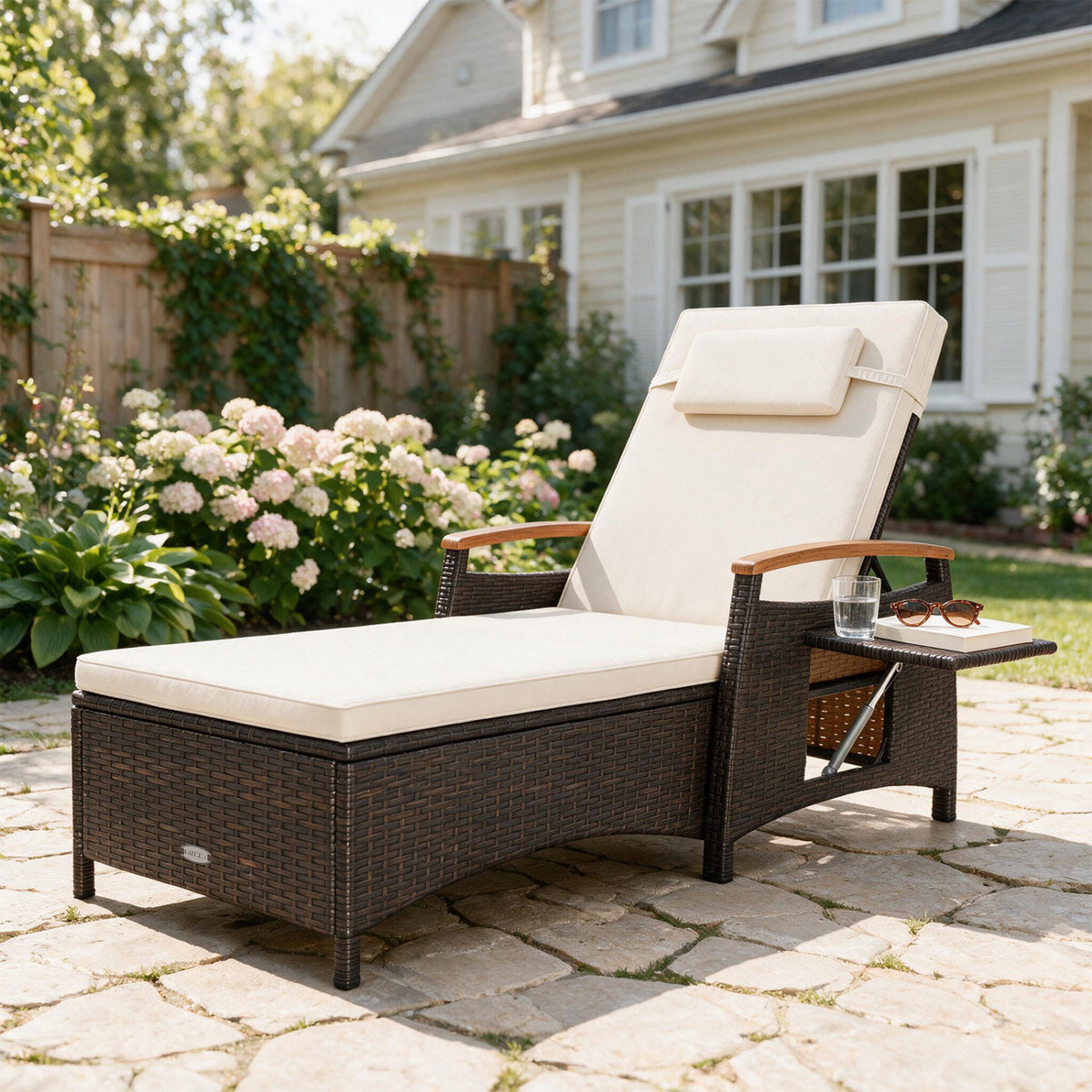 Patio Chaise Lounge with 7-Level Adjustable Backrest and Removable Cushion for Poolside-White