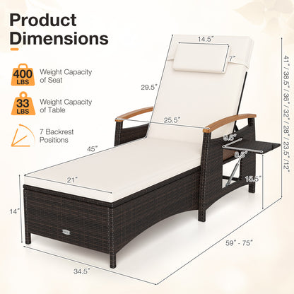 Patio Chaise Lounge with 7-Level Adjustable Backrest and Removable Cushion for Poolside-White