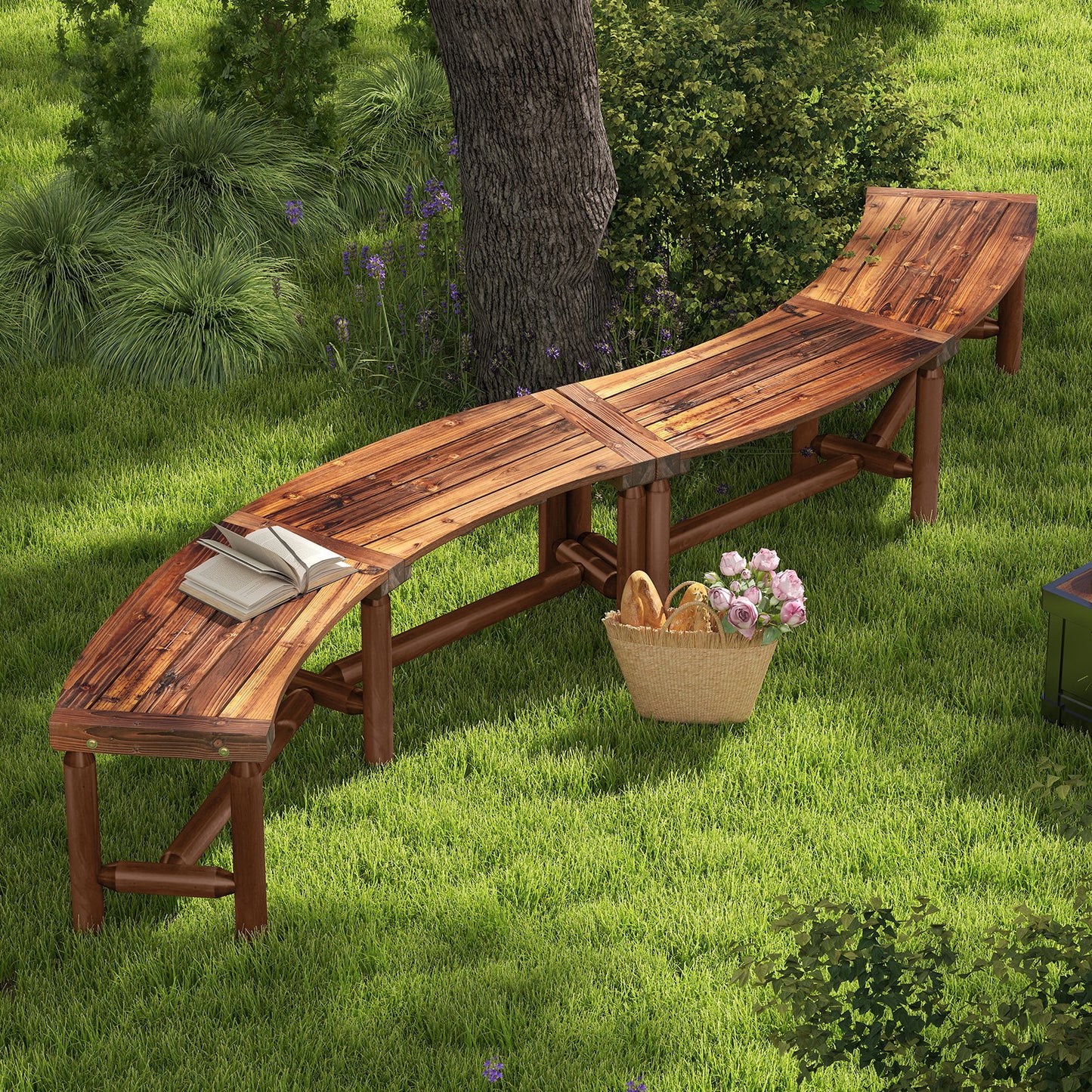 Patio Curved Bench Solid Wood Fire Pit Bench Outdoor Backless Loveseat-Natural
