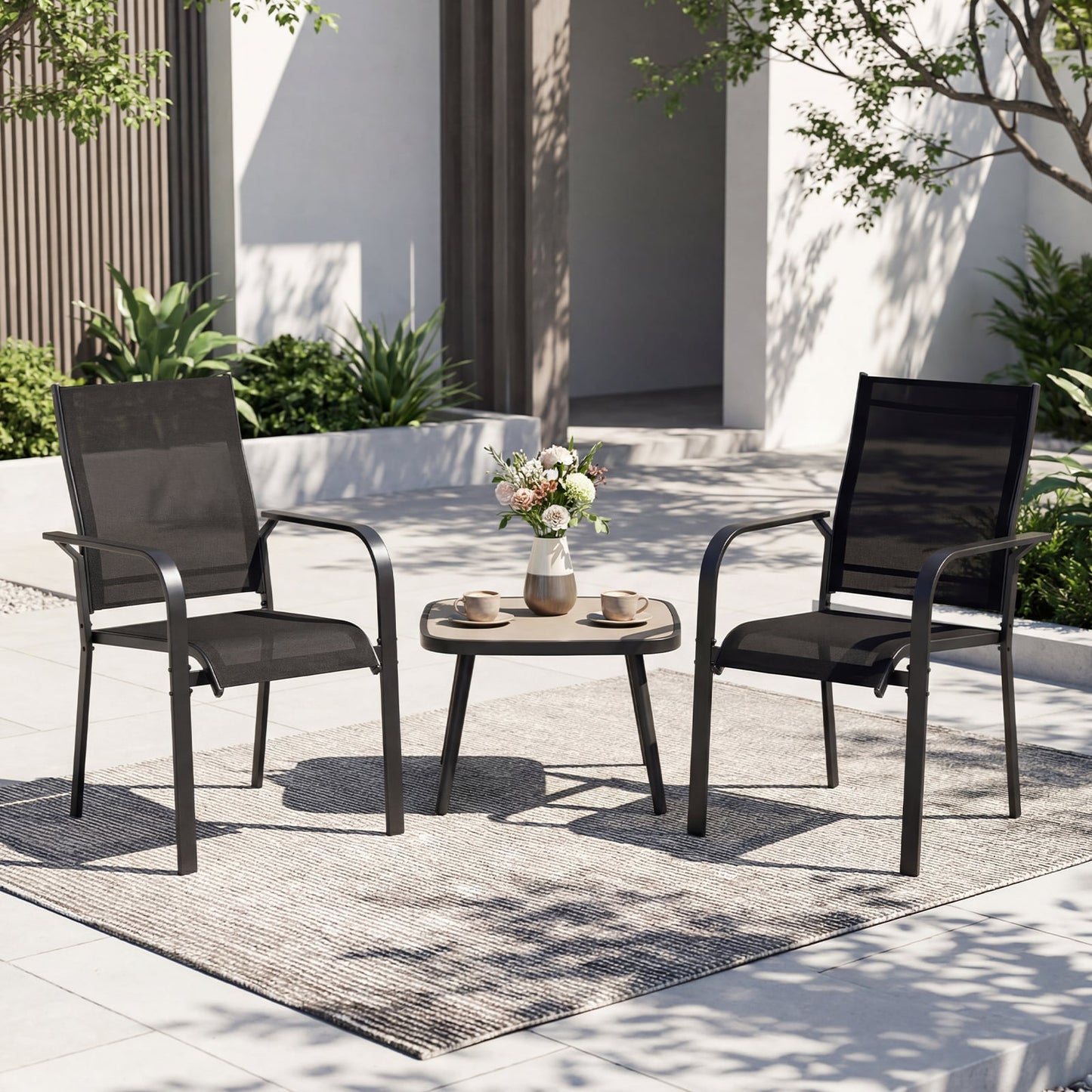 Patio Dining Chairs Set of 2/4/6 Stackable Outdoor Armchairs with Metal Frame-Set of 2