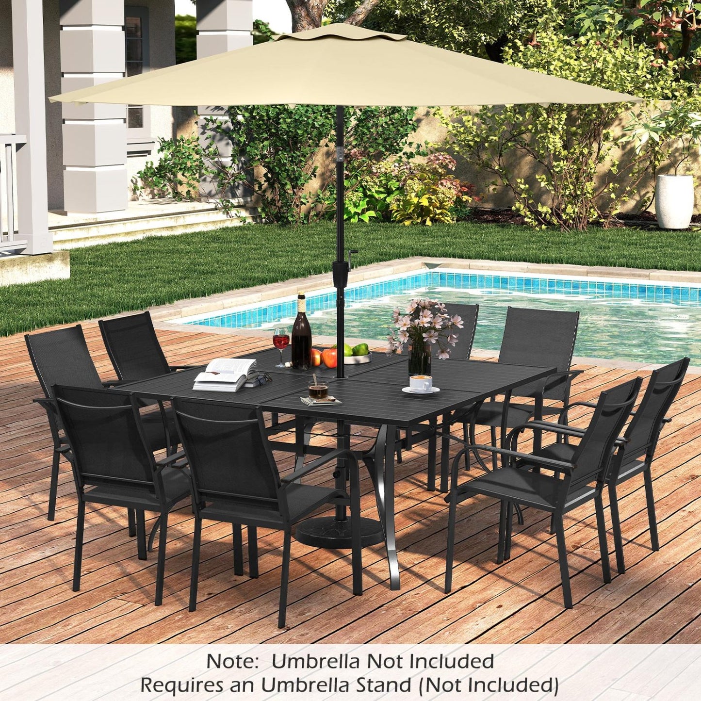 Patio Dining Table for 8 with Umbrella Hole for Porch Lawn-Black