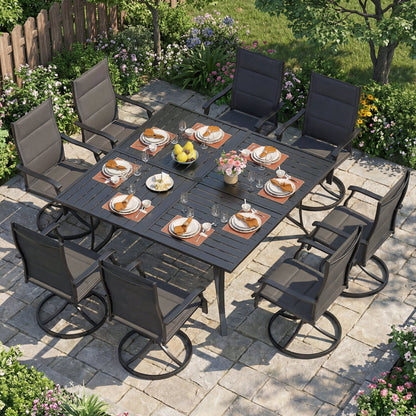 Patio Dining Table for 8 with Umbrella Hole for Porch Lawn-Black
