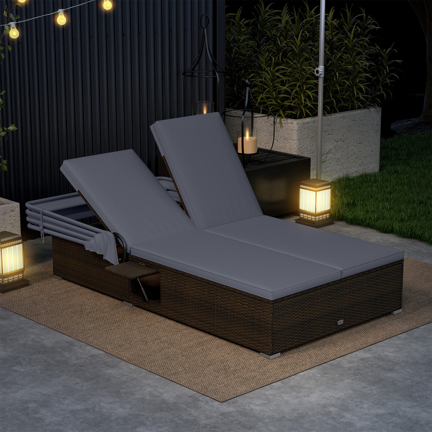 Patio Double Chaise Lounge with Shade Cushions and Folding Side Trays-Gray