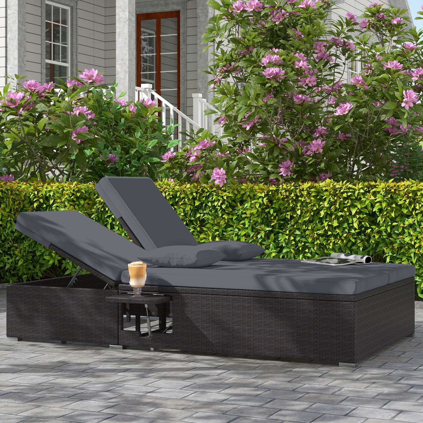 Patio Double Chaise Lounge with Cushions and Folding Side Trays-Gray